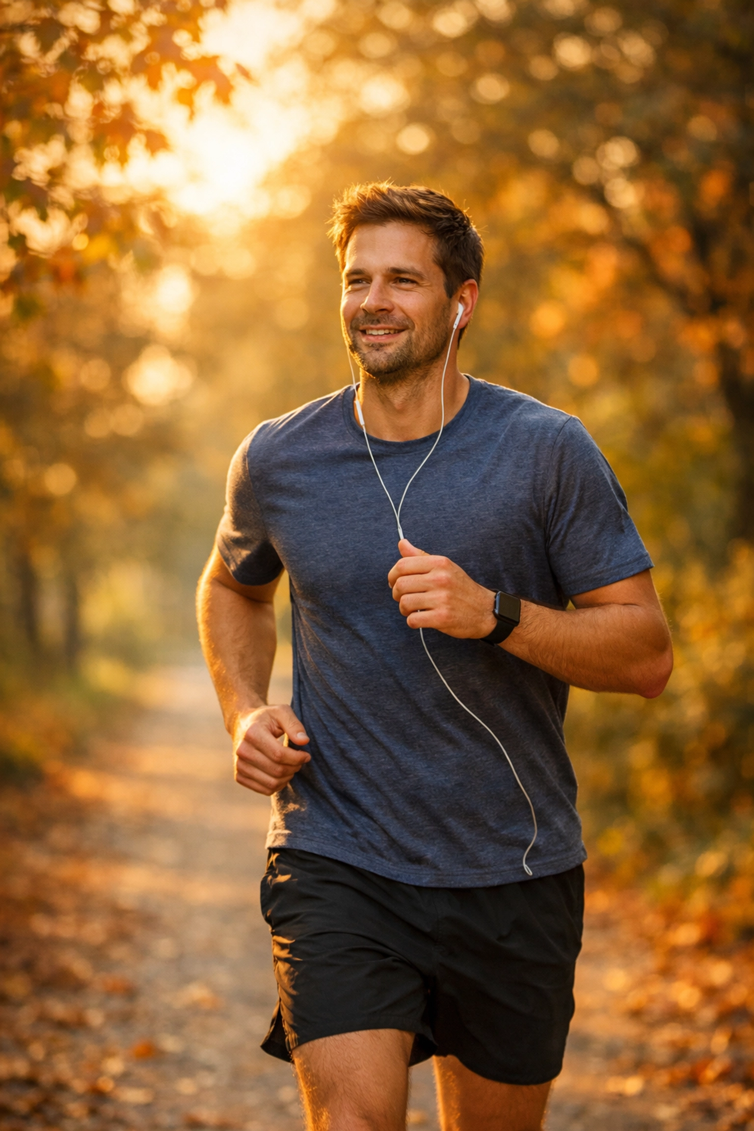 Férfi kocog az erdőben naplementekor, egészséges életmód a merevedési zavar ellen