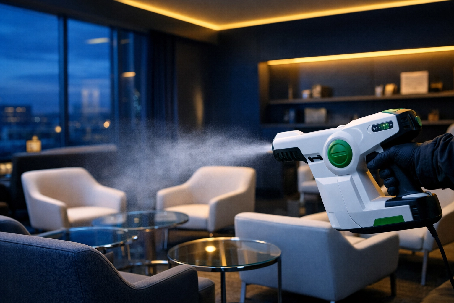 Innovative electrostatic sprayer cleaning technology used in a modern Lynn office lounge area.