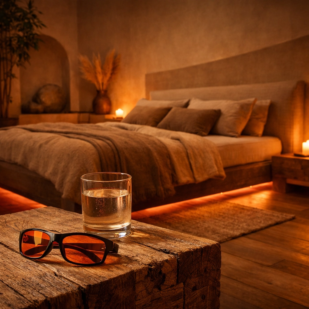 Blue light blocking glasses on a nightstand in a bedroom with amber circadian lighting for better sleep.