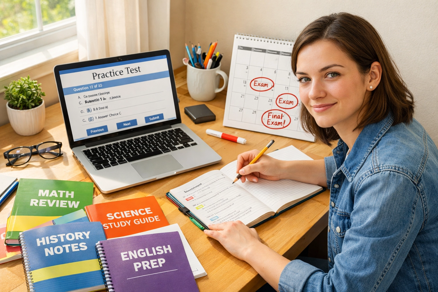 Student reviewing CLEP practice tests and study materials with exam calendar at organized desk