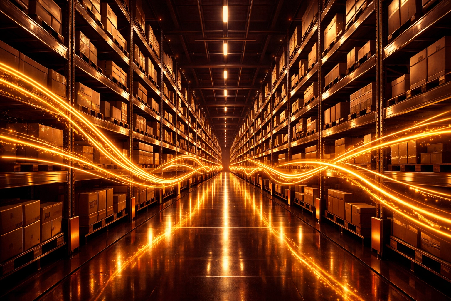 High-tech warehouse shelves with light trails symbolizing smart inventory tracking for scaling ecommerce businesses.