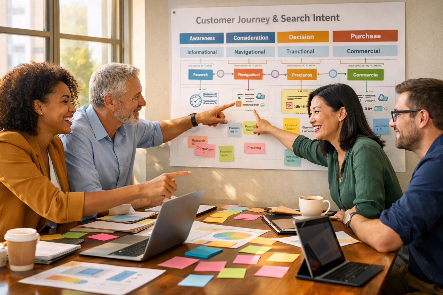 Business team analyzing search intent and customer journey maps for SEO strategy planning