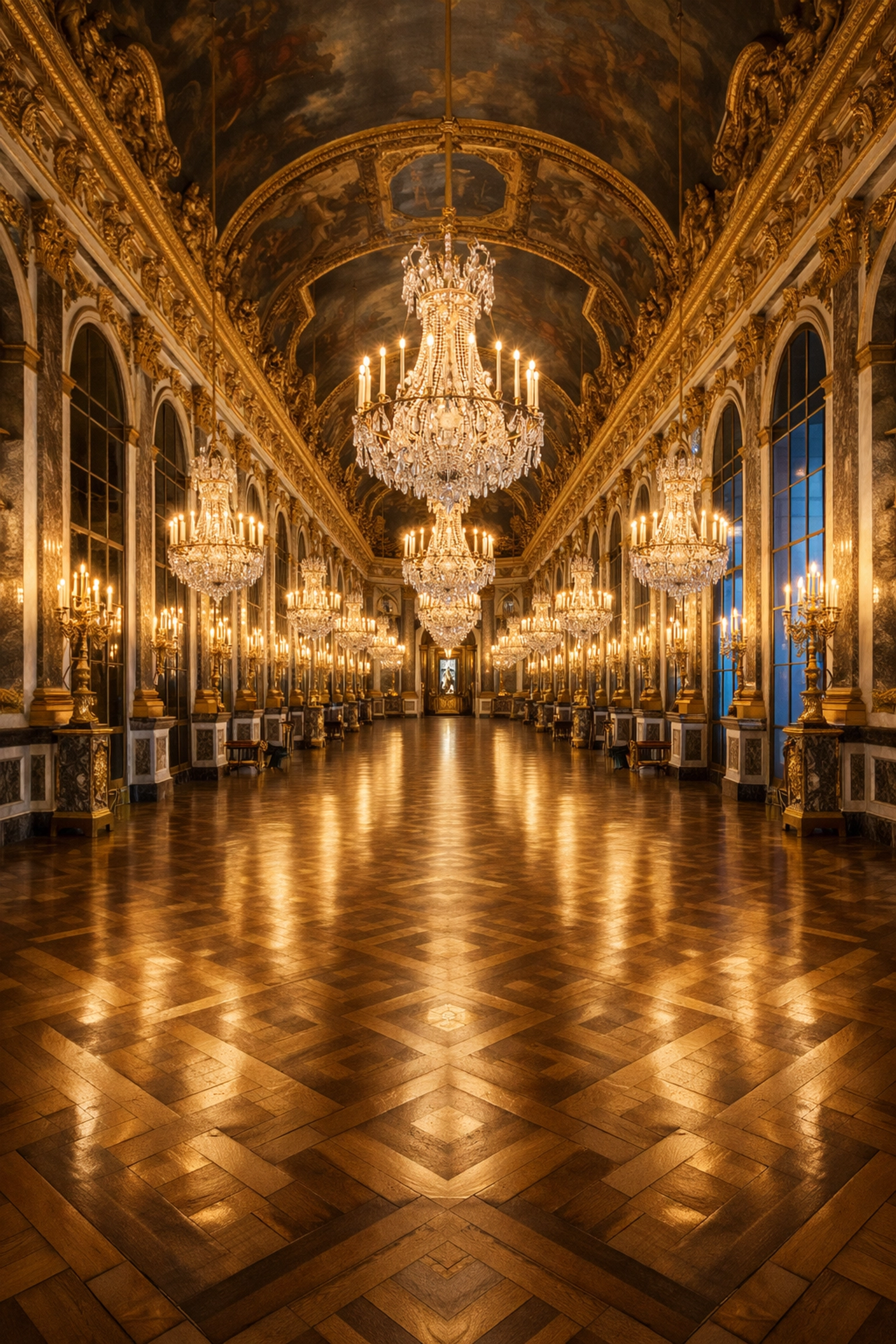 Symmetrical view of the Hall of Mirrors, capturing the grandeur of this iconic Palace of Versailles photo spot.