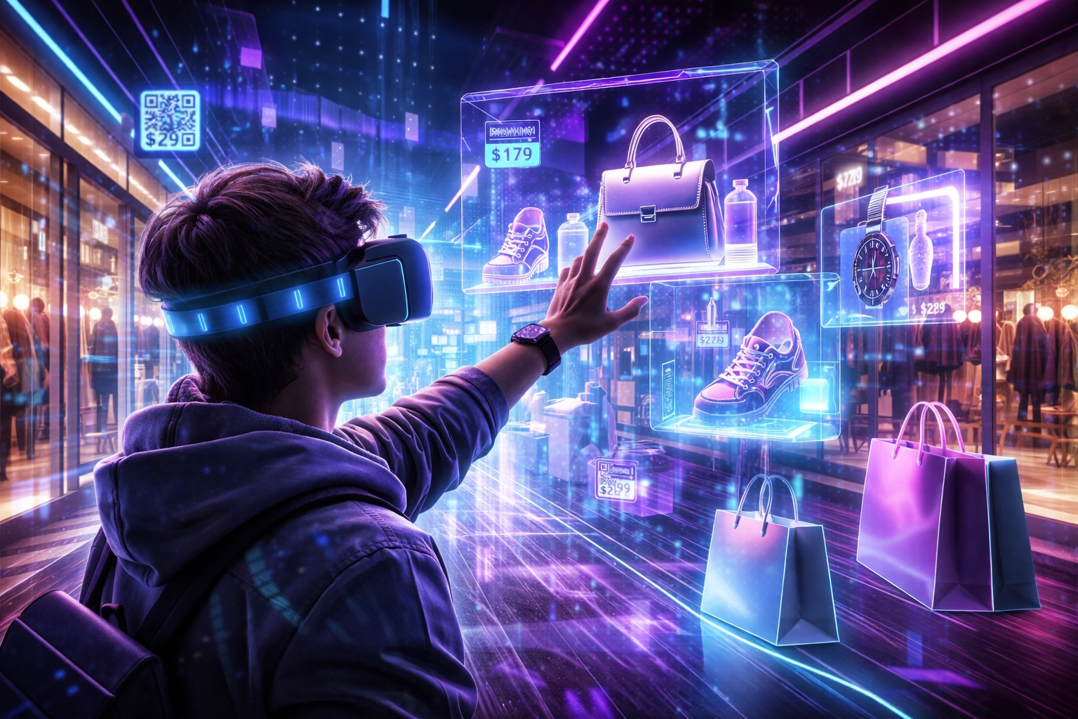 Shopper wearing VR goggles explores a metaverse mall with holographic products and QR code payments