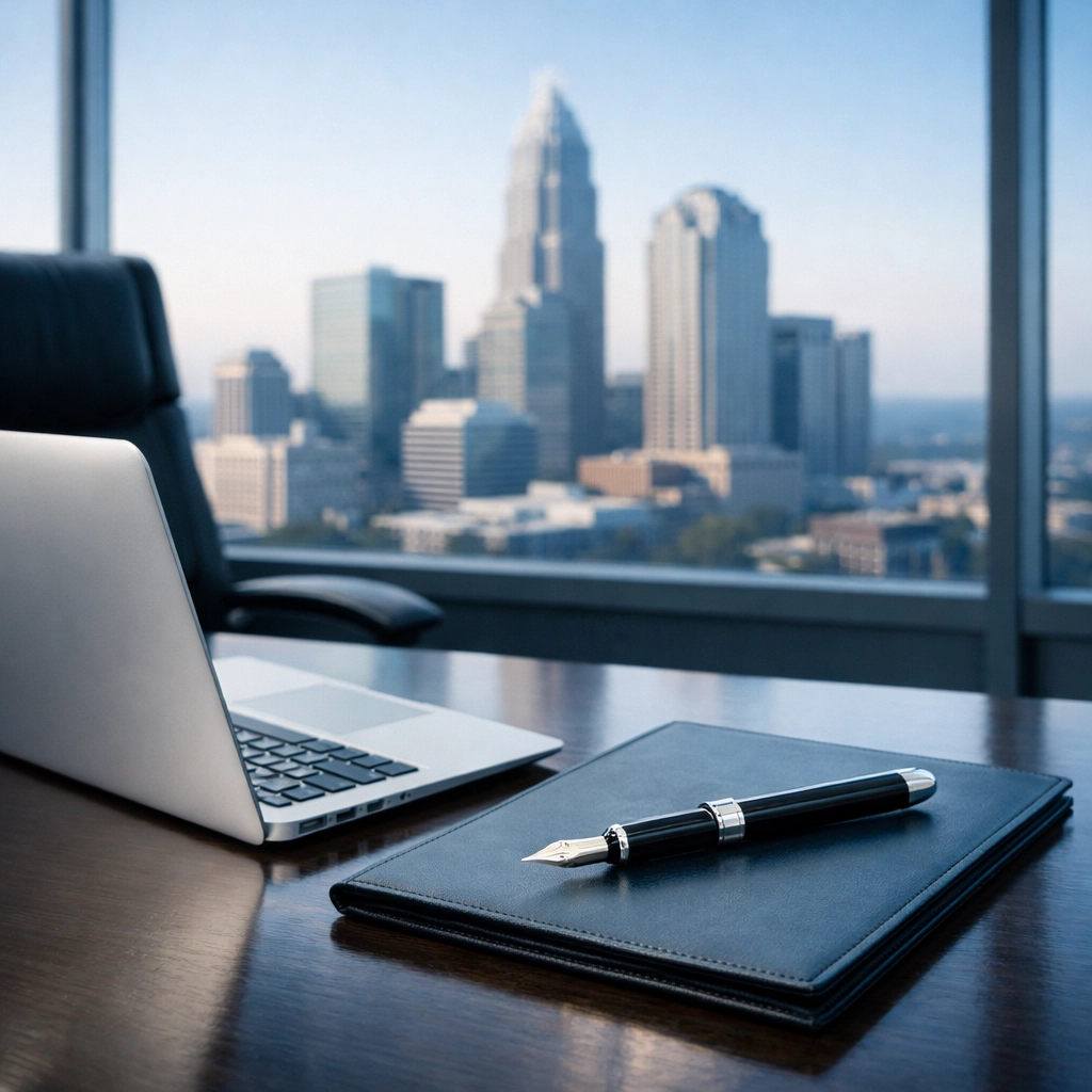 Modern executive desk in a North Carolina office overlooking a city skyline, representing business valuation and growth.