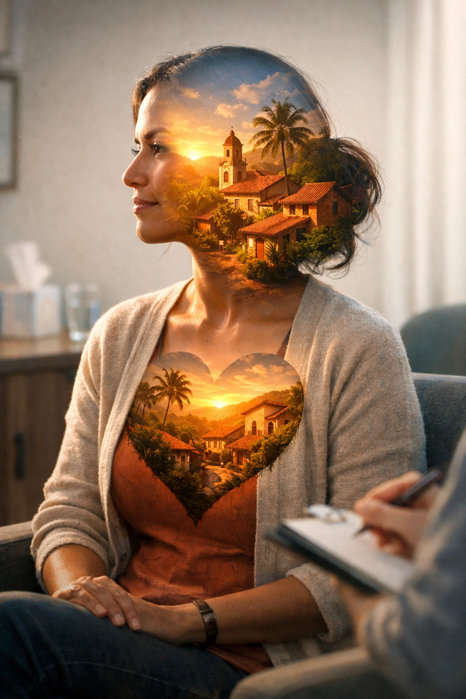 A woman in a counseling session connecting with her cultural roots through multilingual psychotherapy.