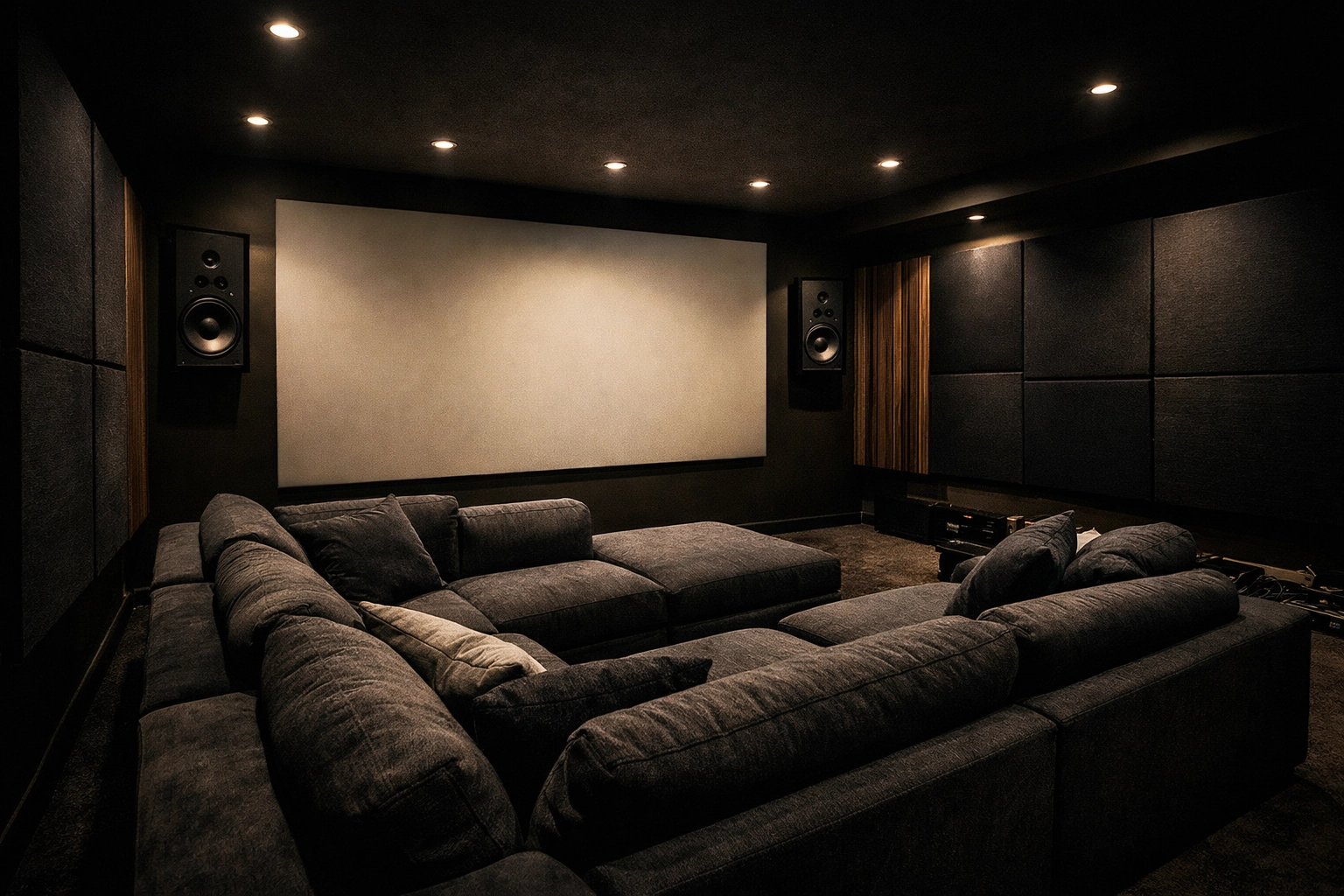 Partially completed custom home theater installation showing phased approach with seating and speakers