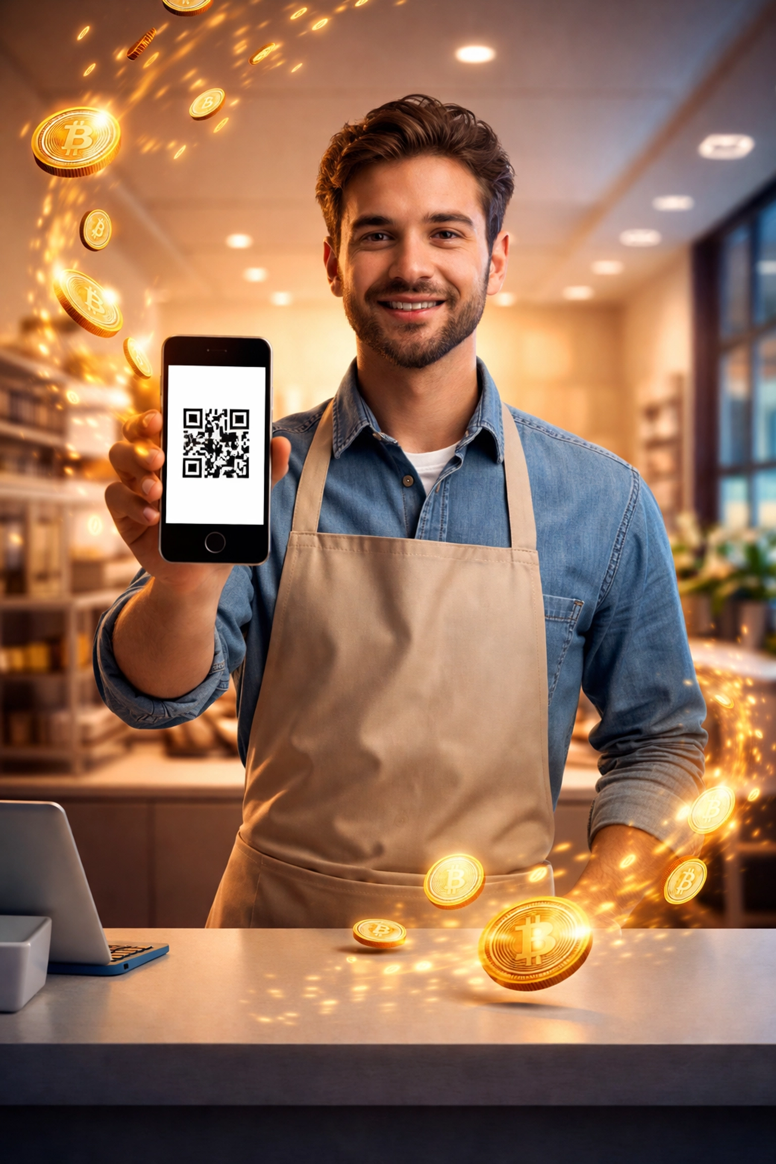 Small business owner accepts crypto POS payment with QR code, symbolizing reduced merchant interchange fees and digital transition.