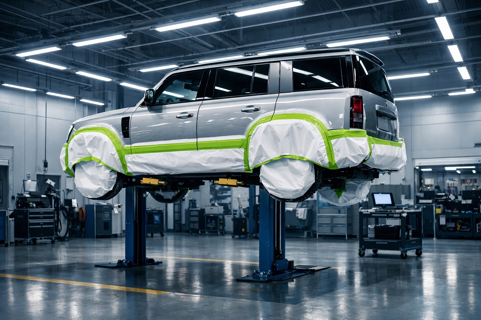 A 4x4 vehicle meticulously masked for professional car rust proofing in a high-tech workshop.