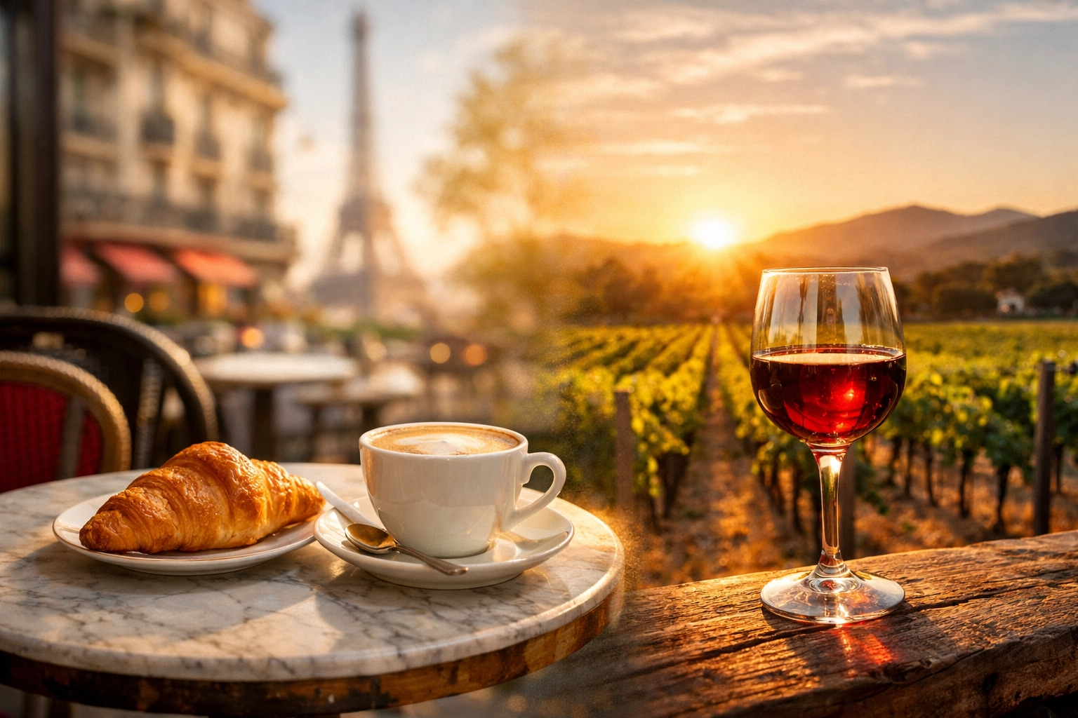 Parisian cafe and Napa Valley vineyard landscape representing popular Netflix streaming series.
