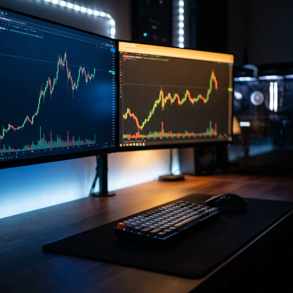 Dual-monitor crypto trading setup showing candlestick charts and high leverage strategies in a professional workspace