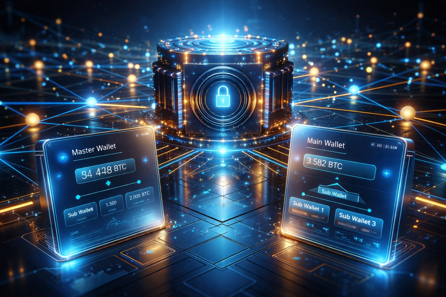 Blockchain network with secure digital vault and floating wallet interfaces showing master and sub-wallet setup for self-custody in Web3 payments
