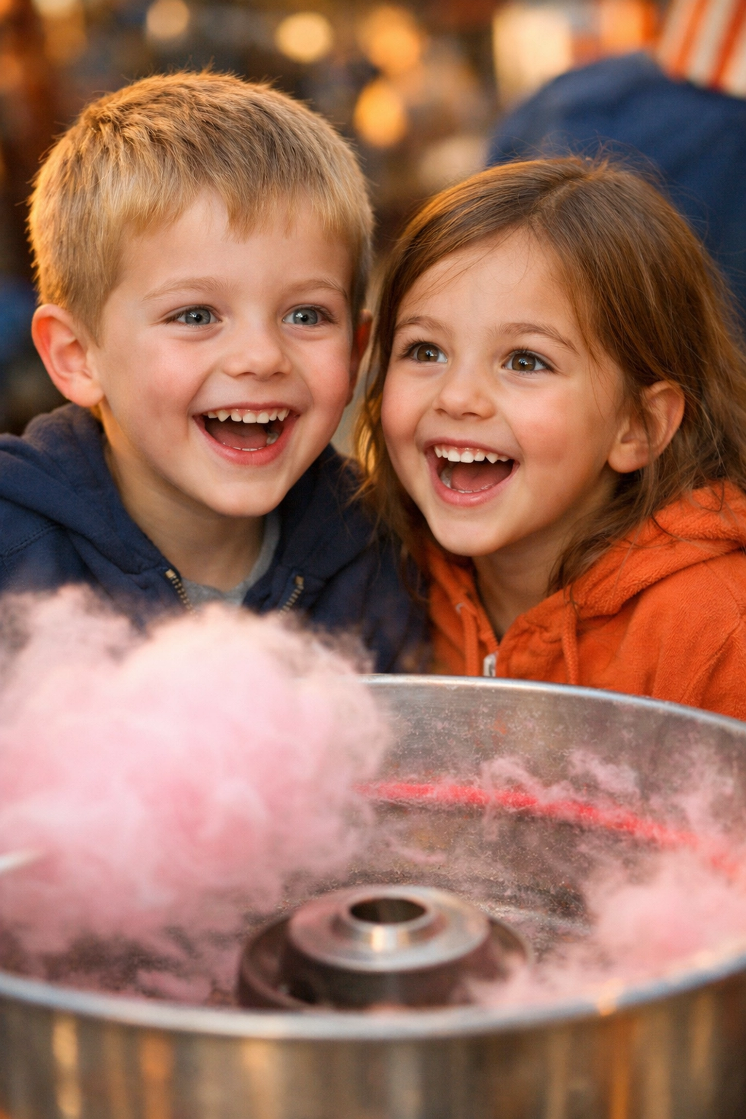Children's excited faces watching cotton candy being made at home