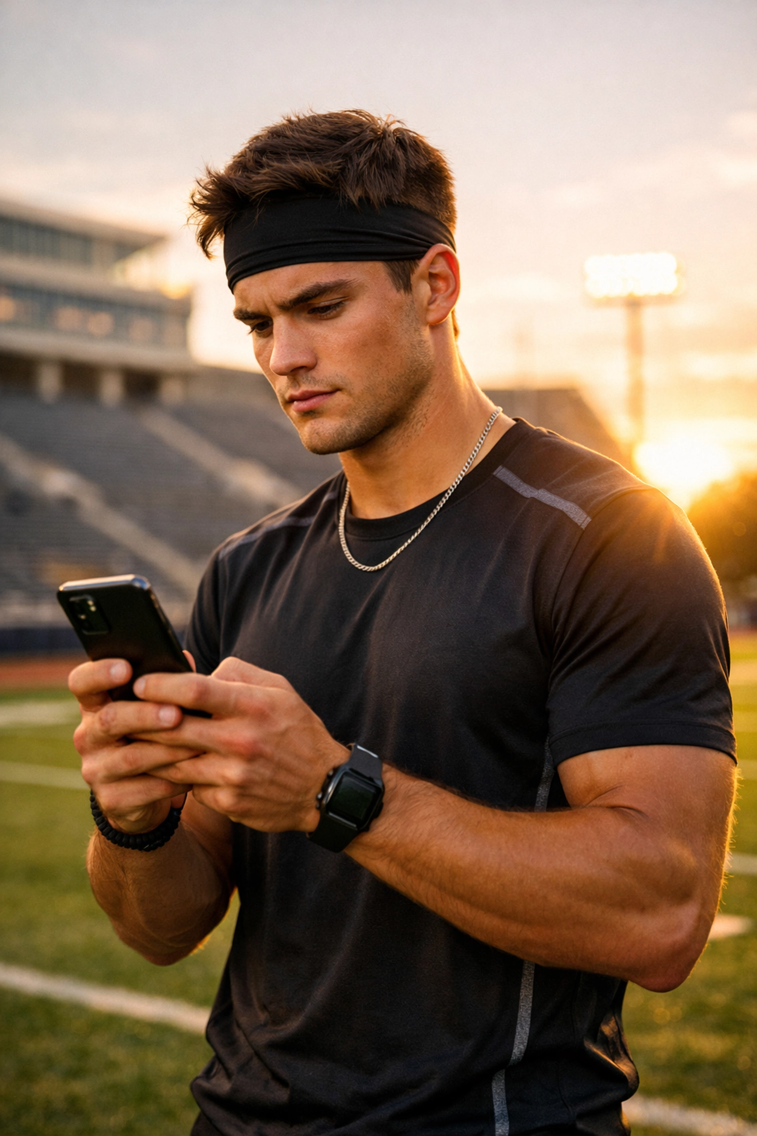 College athlete on a football field engaging with a mobile NIL sports marketing campaign on a smartphone.