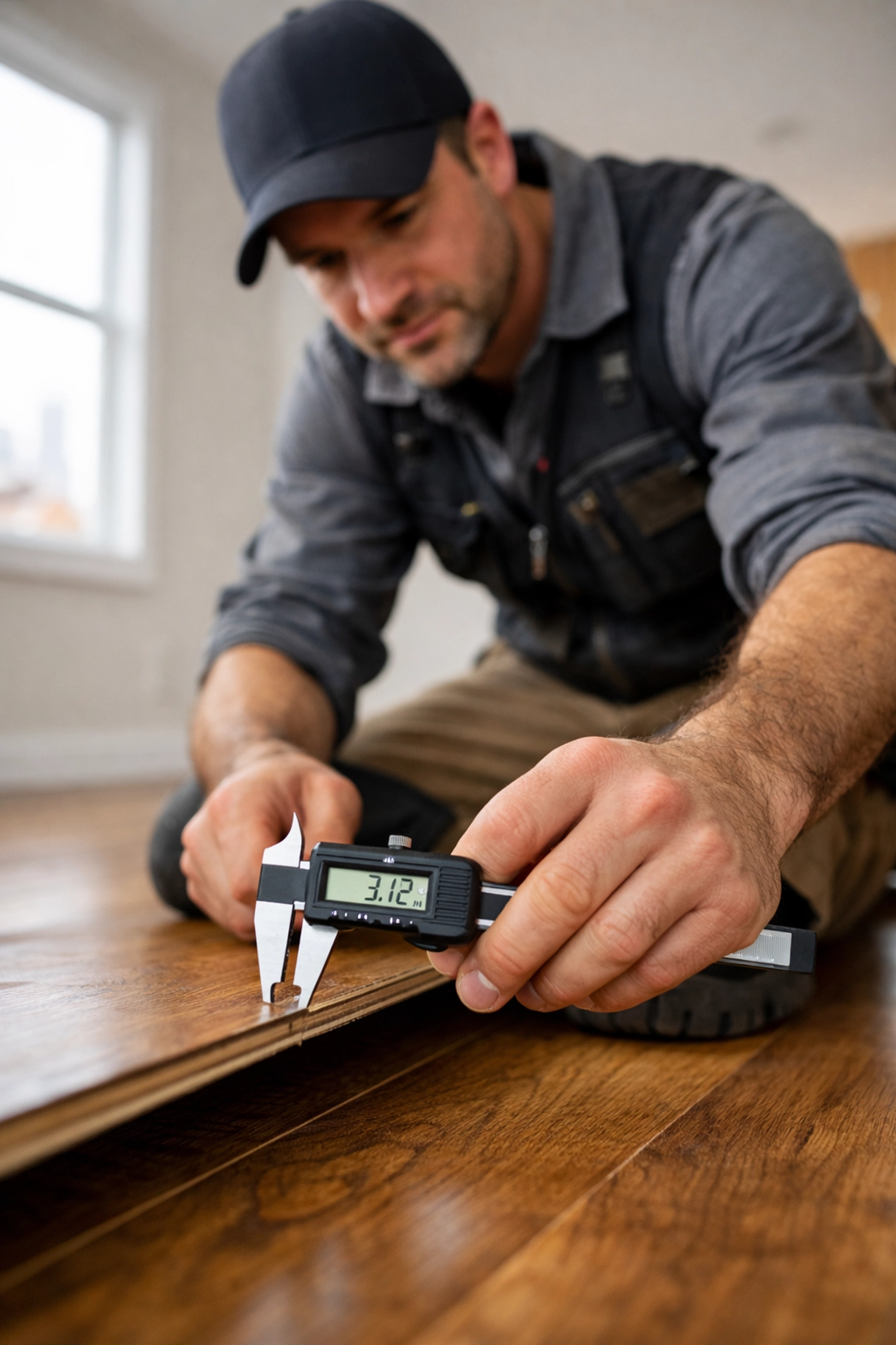 Contractor measuring engineered hardwood wear layer thickness in Chicago home
