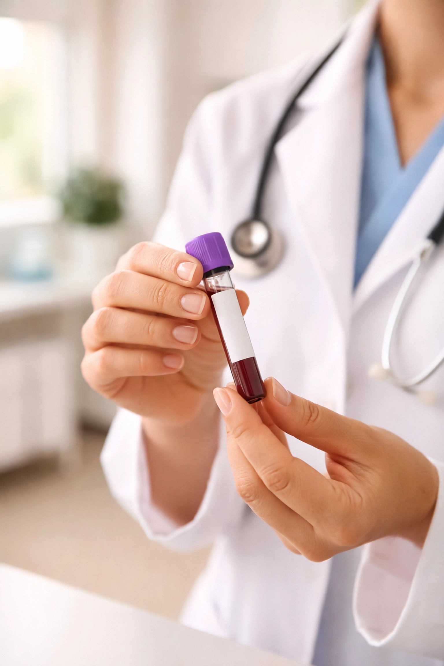 Healthcare provider holding blood sample vial for testosterone diagnostic lab testing