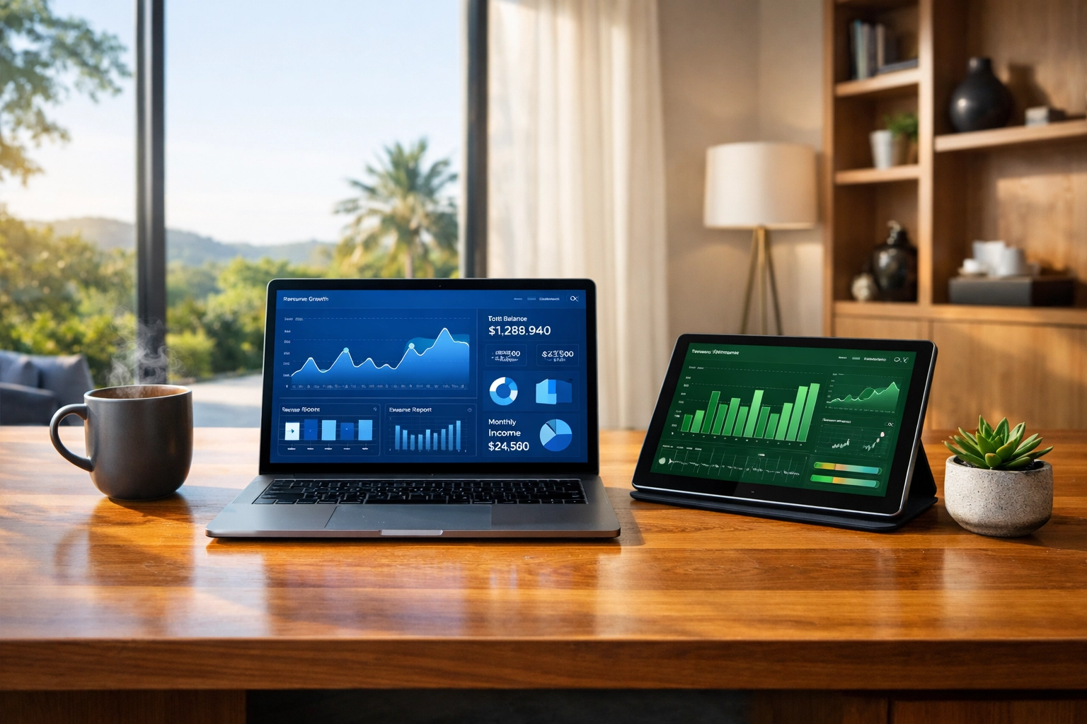 Modern Australian home office setup comparing Xero and QuickBooks bookkeeping services on multiple devices.