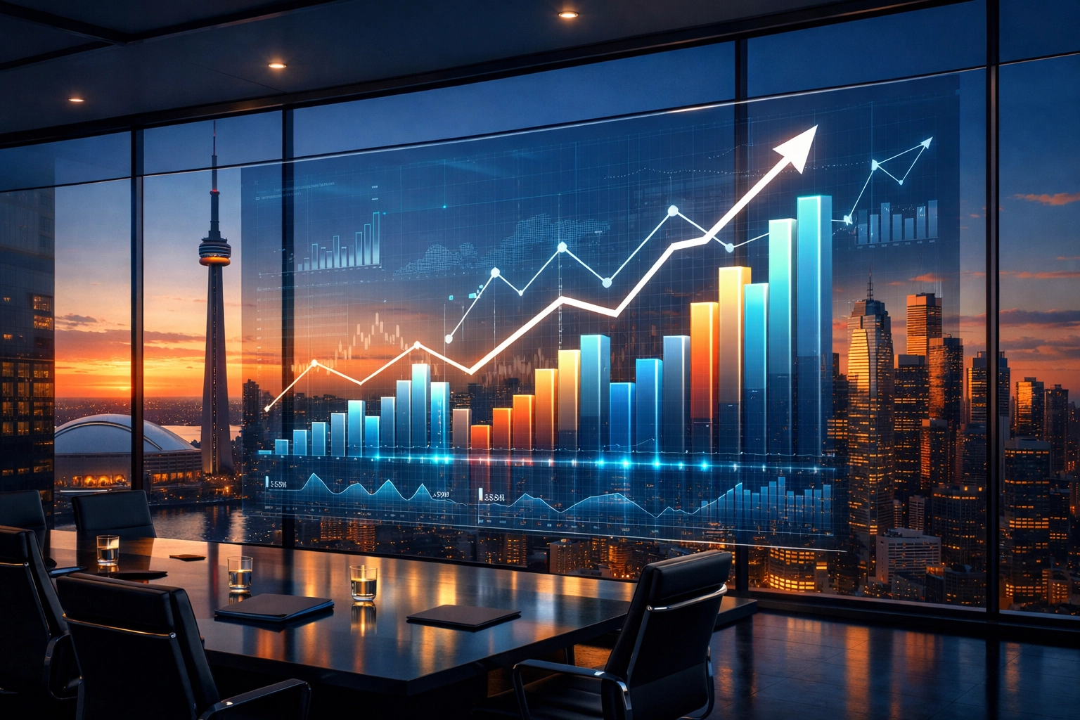 Digital marketing analytics and growth charts displayed over a sunset view of the Toronto skyline.