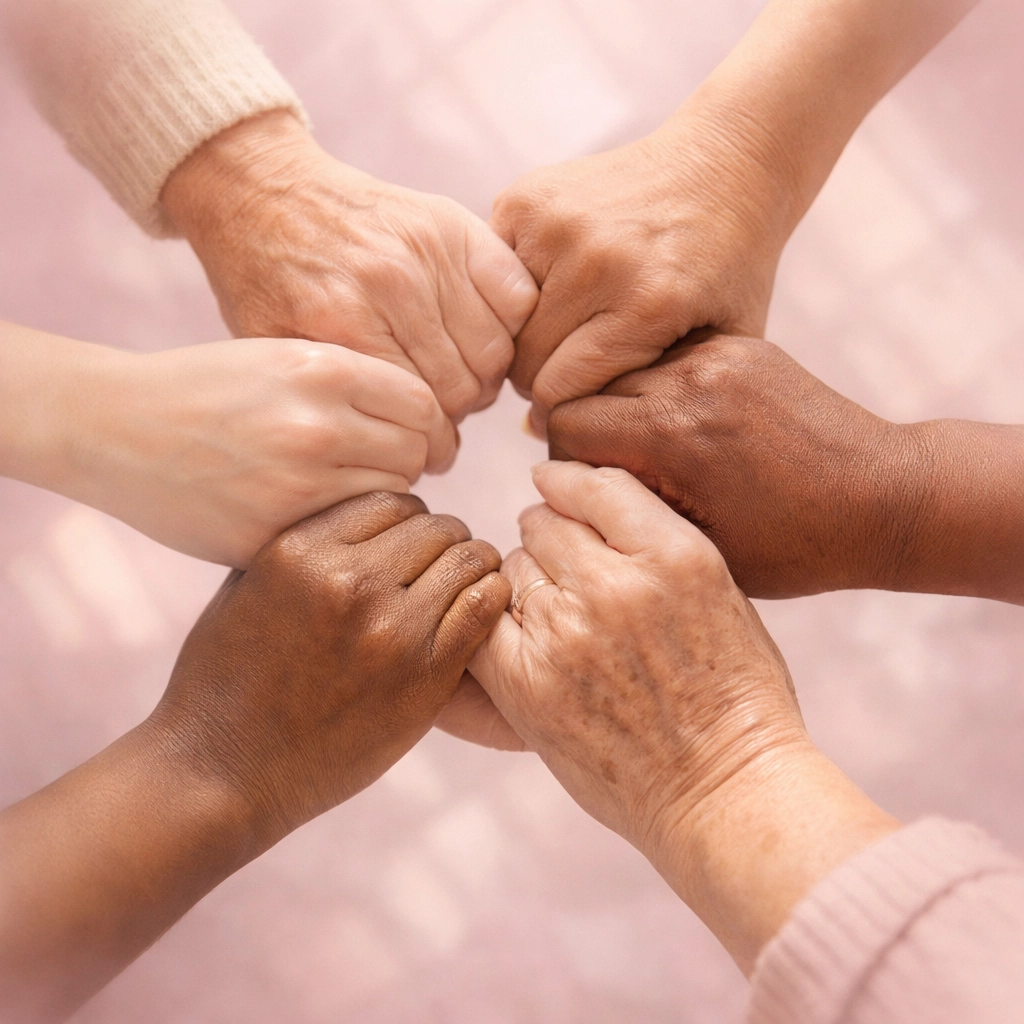 Diverse hands joining together representing community support and healing at Pelagie Foundation