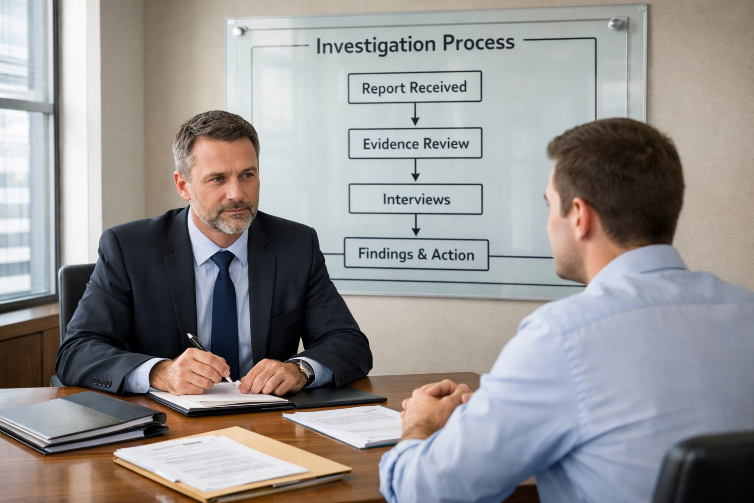 Professional investigator conducting structured workplace investigation with defined scope boundaries