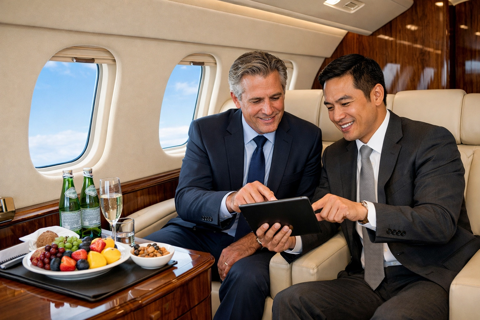 Business executives in a luxury private jet, showcasing VIP corporate hosting and elite event logistics.