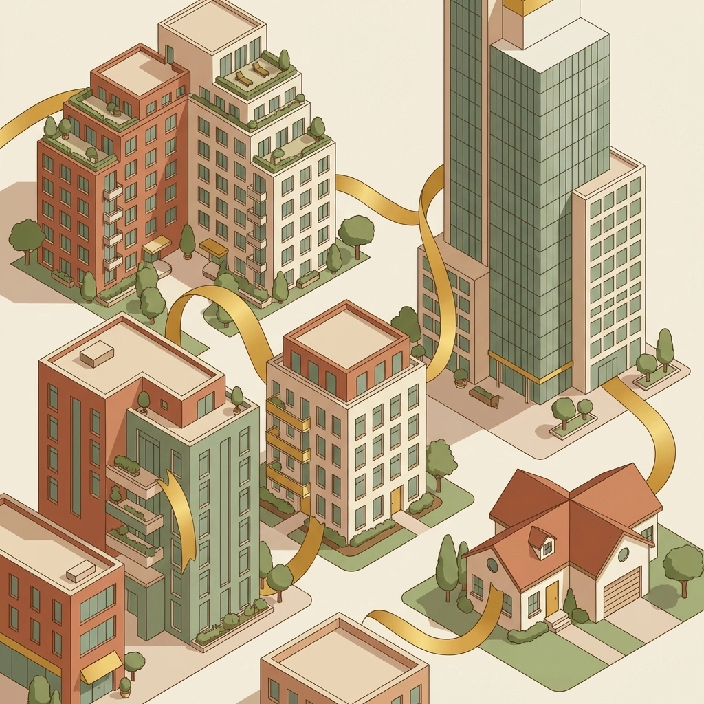 Illustrated cityscape with luxury apartments, office tower, and home, connected by golden ribbons to show real estate diversification
