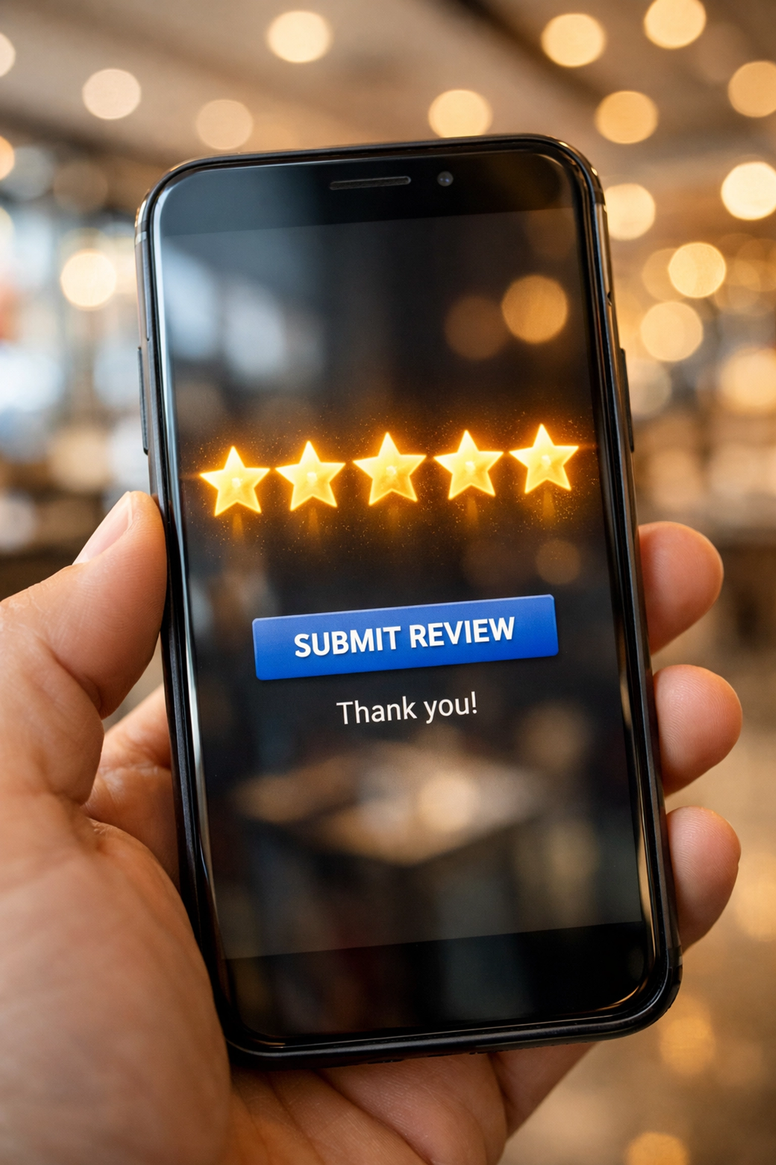 Five-star business review on a smartphone screen, showcasing successful social media management services.