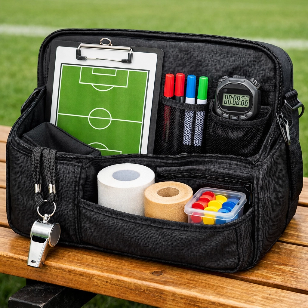 Organized coaching bag with essential gear including whistle, clipboard, stopwatch and athletic tape