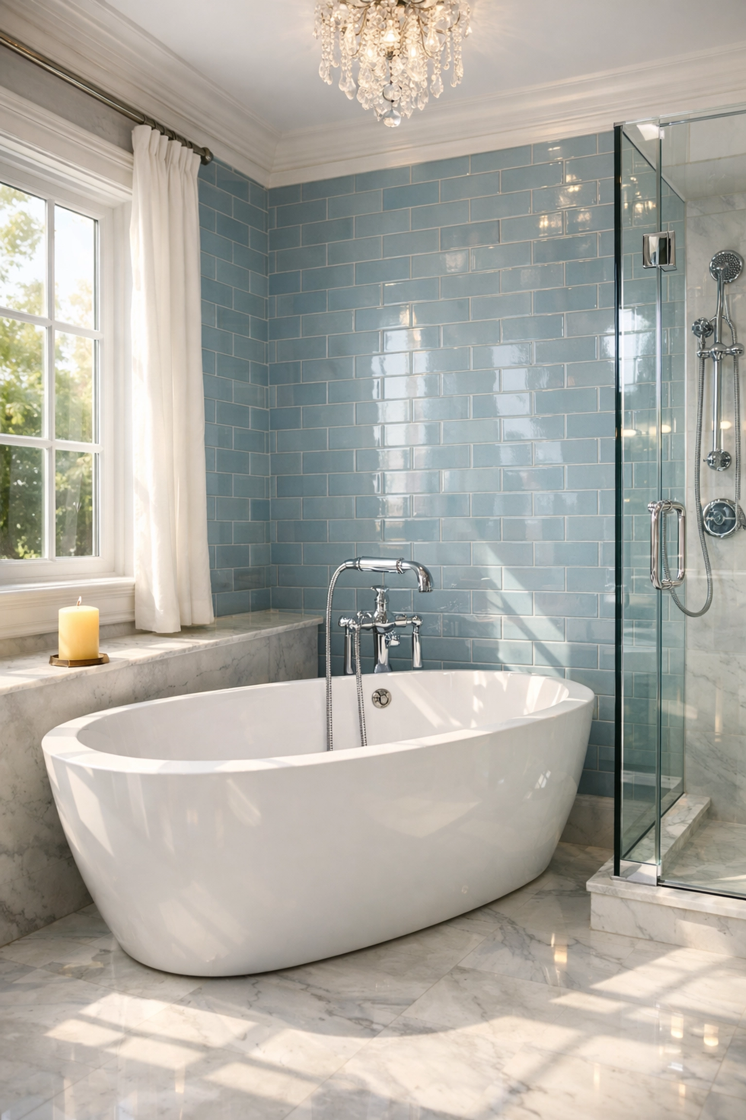 Sparkling luxury bathroom with blue tiles, maintained to high standards by a bi-weekly house cleaning service.