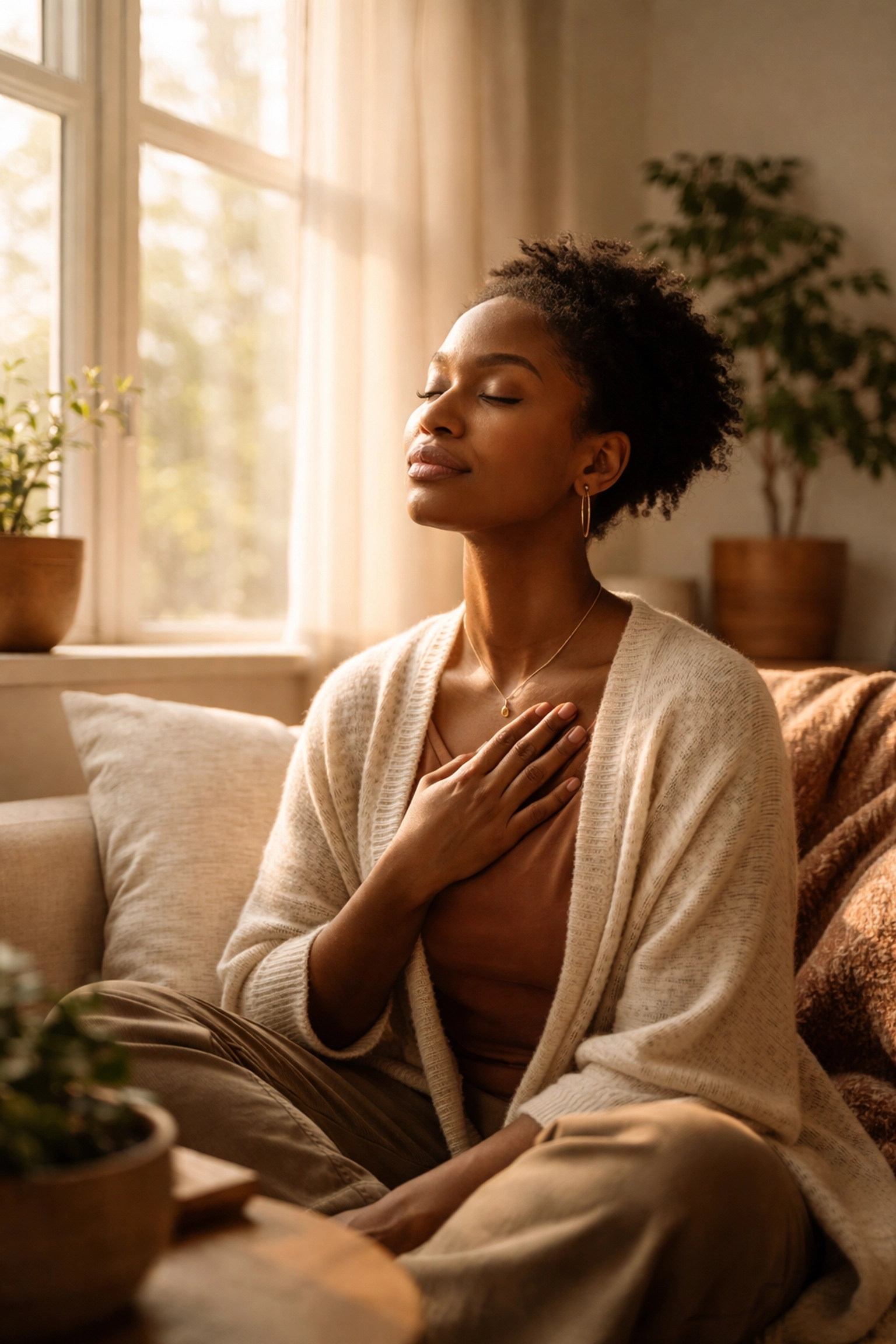 Woman reflecting in a sunlit living room, symbolizing a spiritual reset for deeper soul restoration.