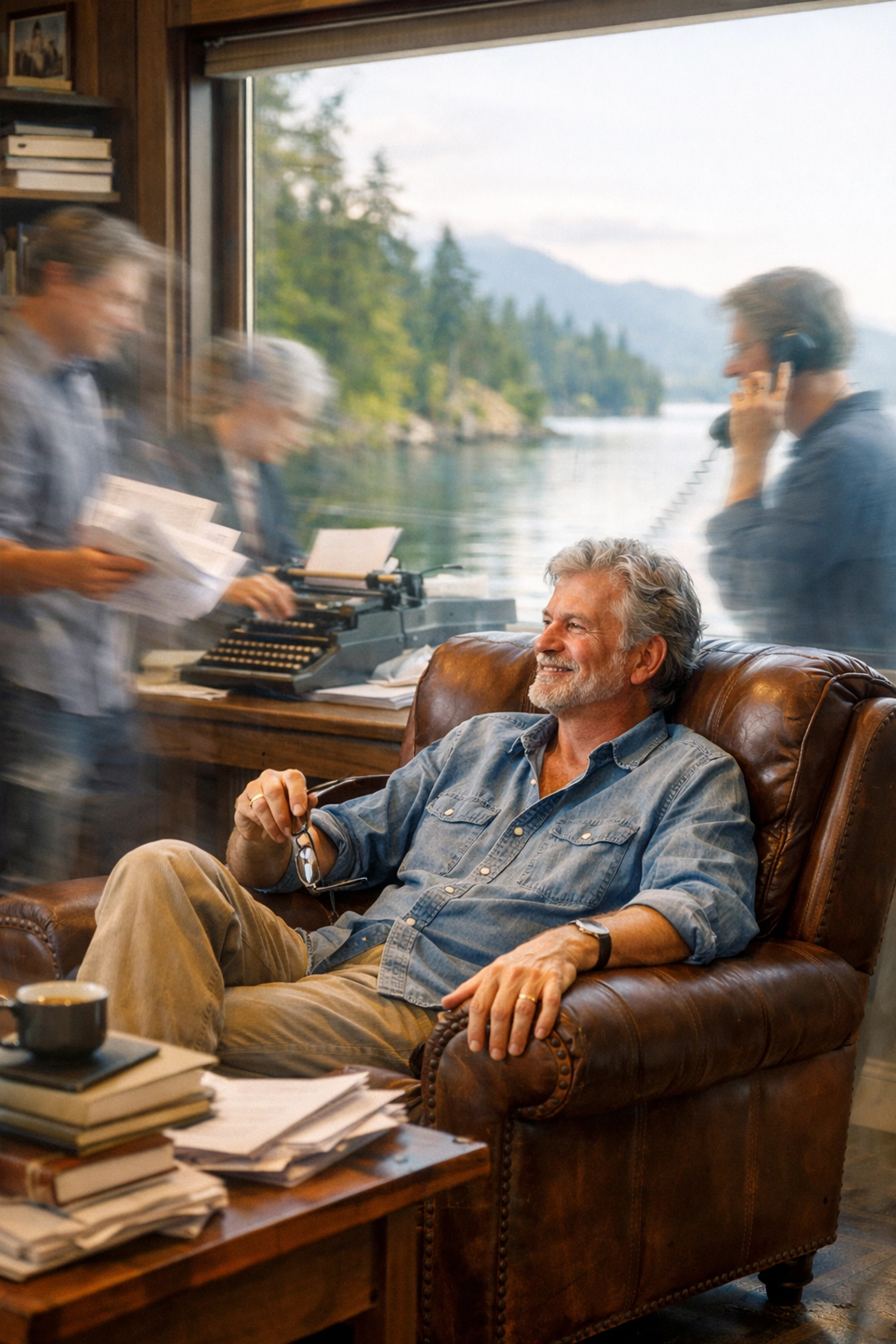 Relaxed author enjoying freedom while invisible AI staff handles administrative tasks.