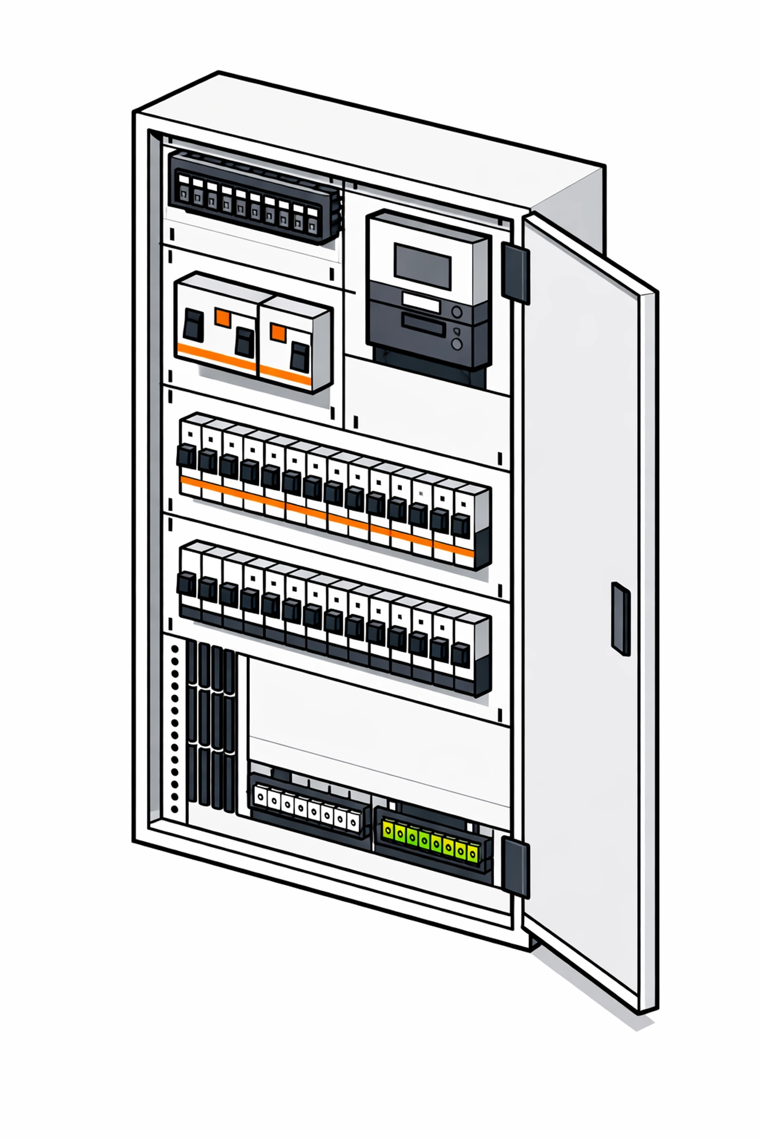Moderner Zählerschrank mit FI-Schutzschaltern und Sicherungsautomaten für Wiener Wohnanlagen