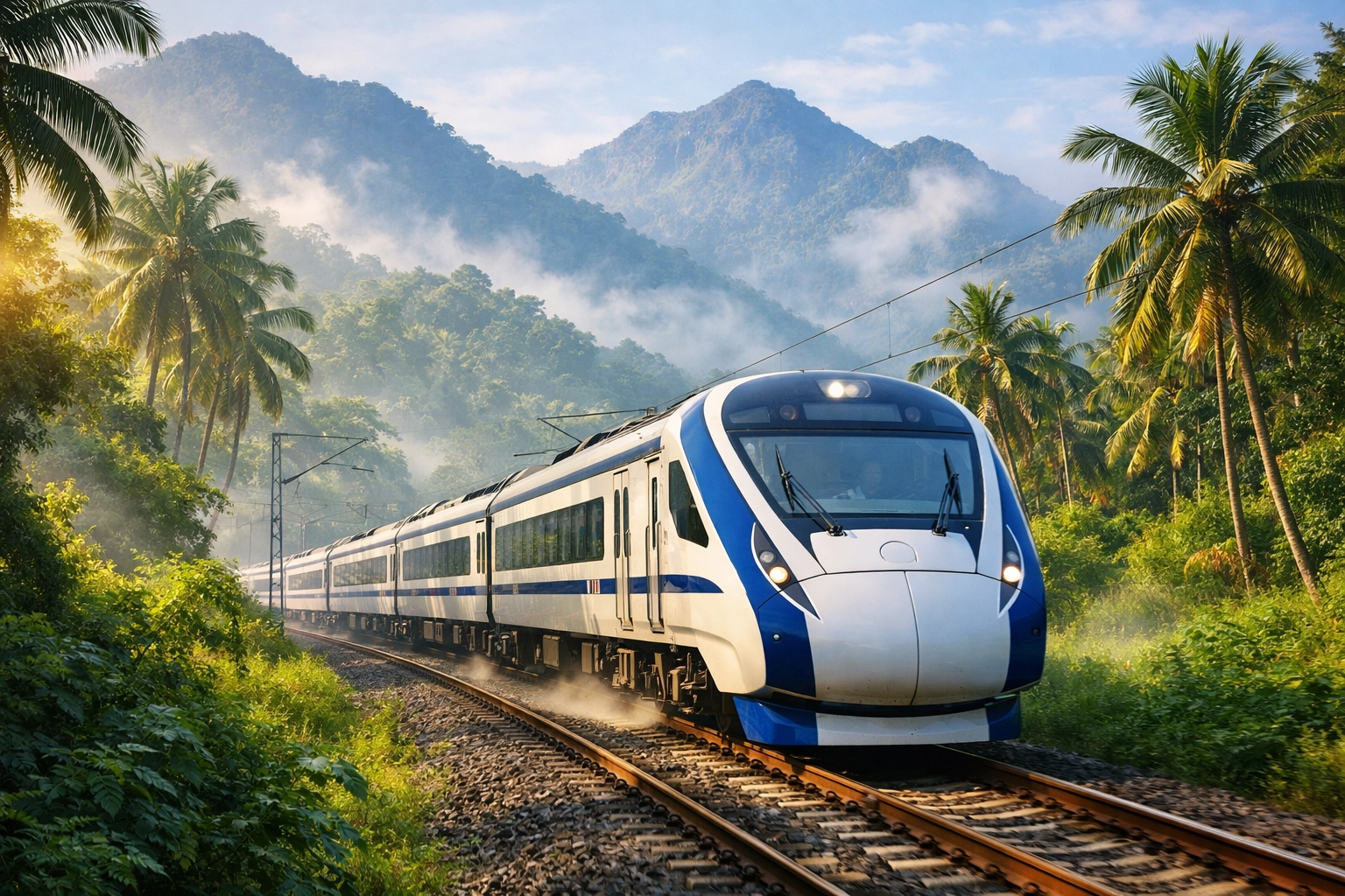 Vande Bharat Express high-speed train traveling through Indian landscape with mountains