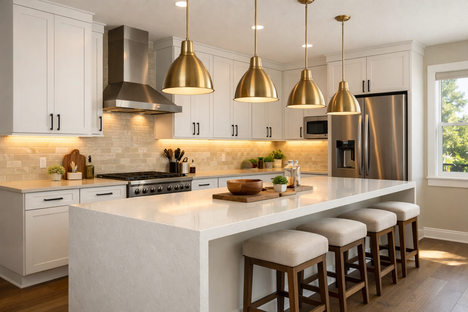 Modern kitchen remodeling Orlando featuring quartz island, white cabinets, and pendant lighting