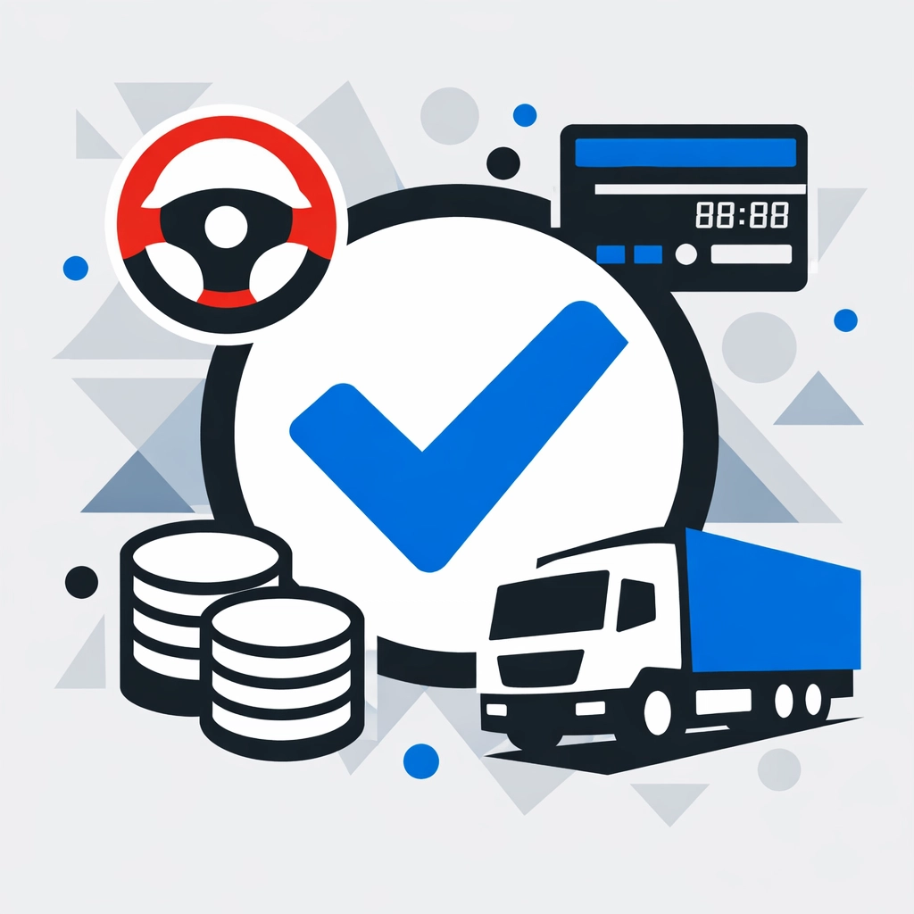 Transport compliance checklist icons for HGV operator licensing, tachographs, and Driver CPC.