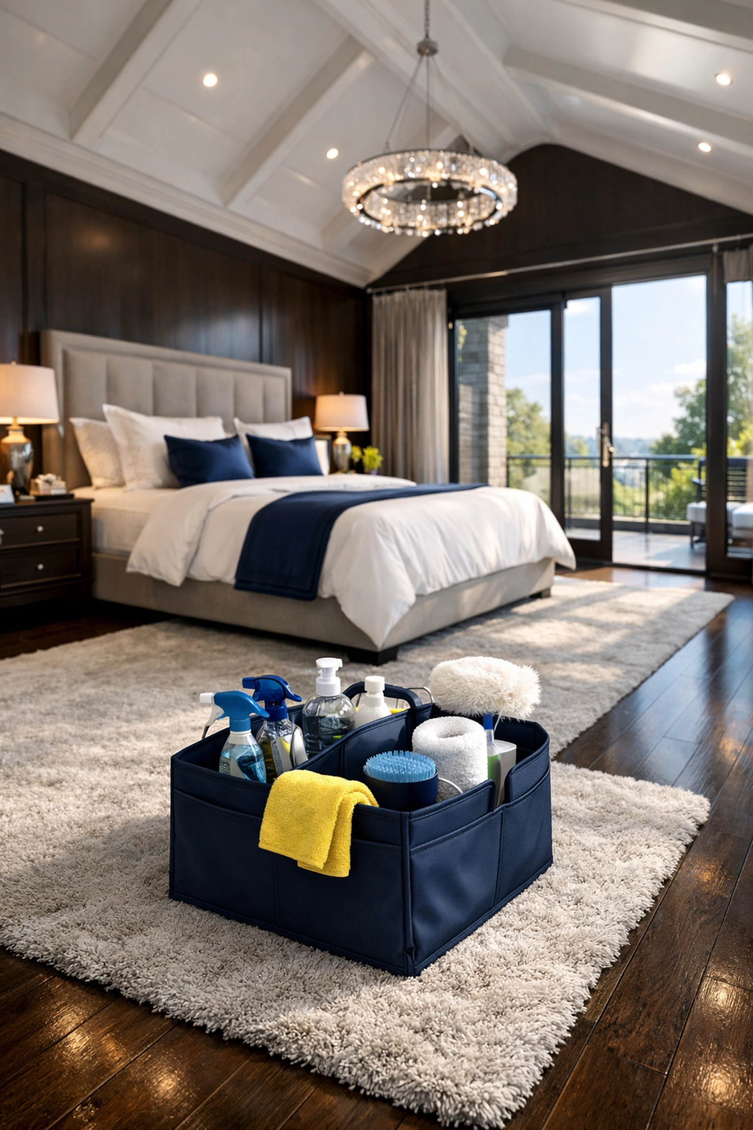 Sunlit luxury bedroom featuring deep residential cleaning Massachusetts in a modern estate.