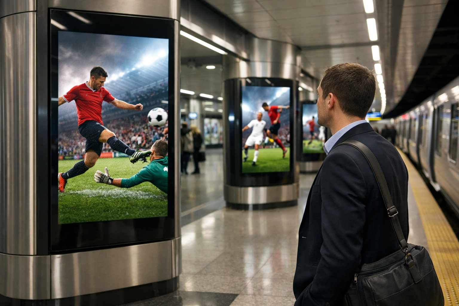 Modern transit hub with digital displays showing soccer, highlighting targeted sports advertising for commuters.