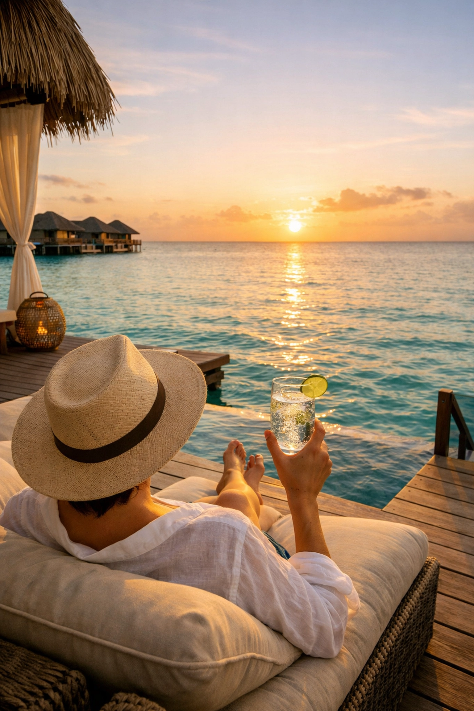 Traveler enjoying a sunset from a luxury overwater bungalow with no hidden vacation costs.