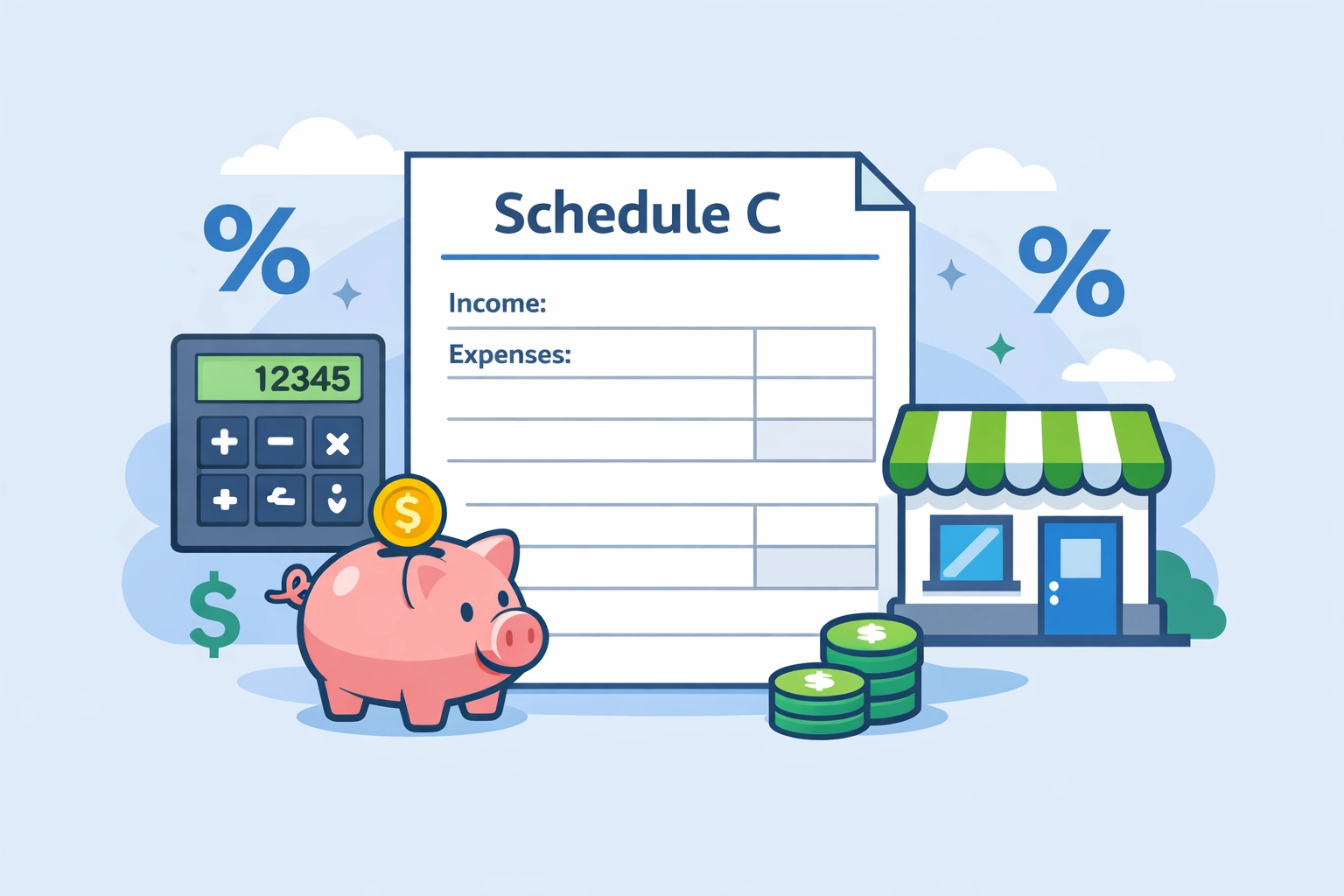 Schedule C tax form with calculator for reporting side hustle income and self-employment taxes