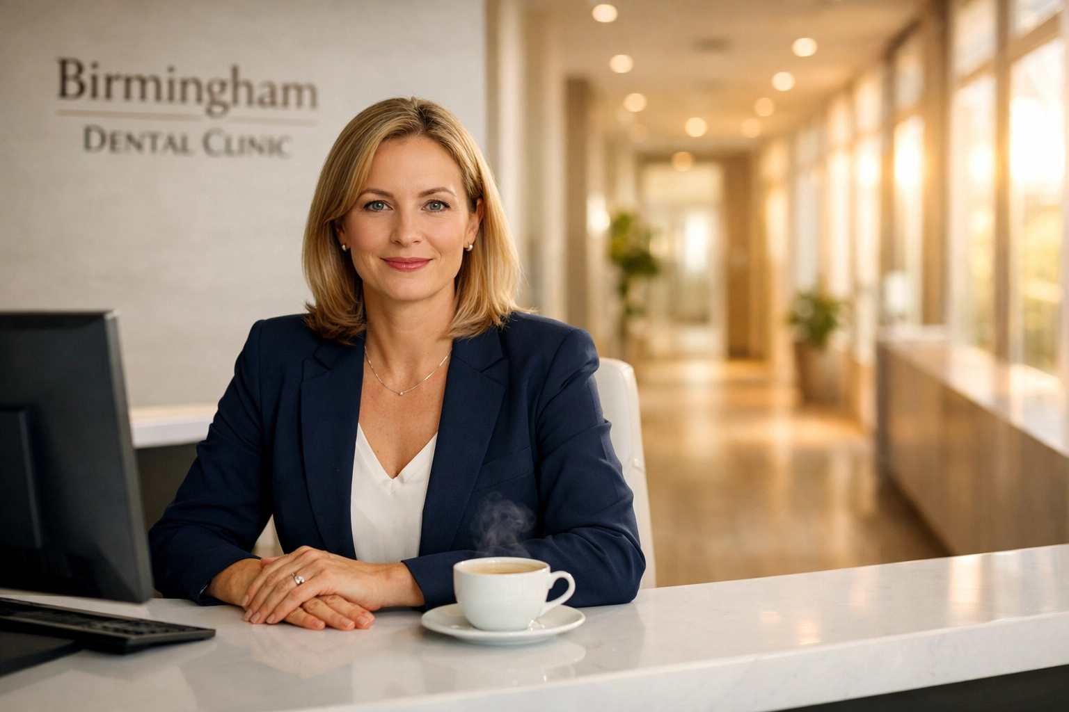 A calm Birmingham dental practice manager at a reception desk focusing on reliable dental staffing birmingham.