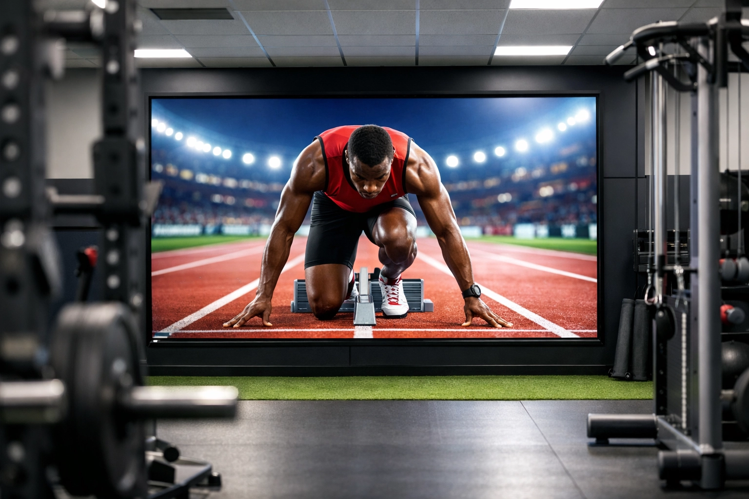 Programmatic DOOH display showing a track athlete inside a modern sports training facility for NIL campaigns.
