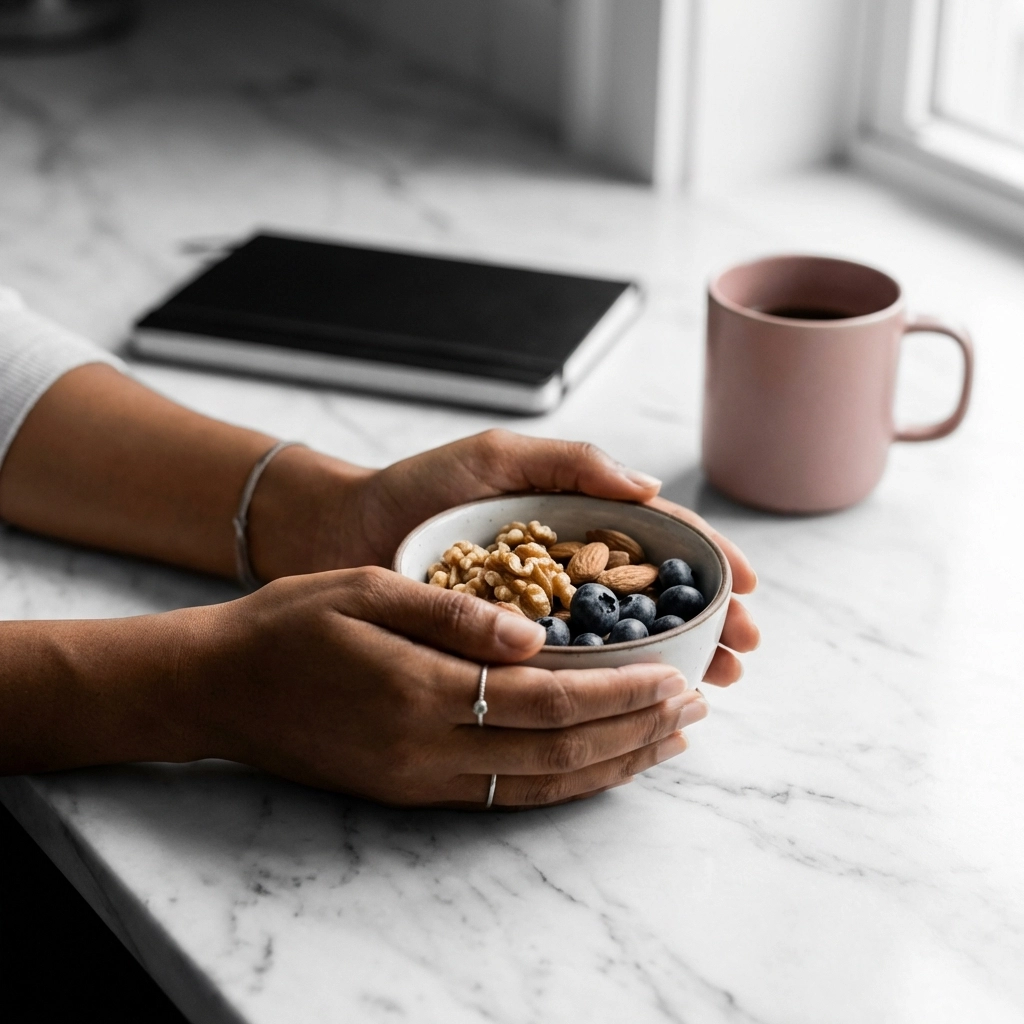 Hands holding a bowl of nuts and berries with a pink mug nearby, illustrating healthy snack choices for urban lifestyles