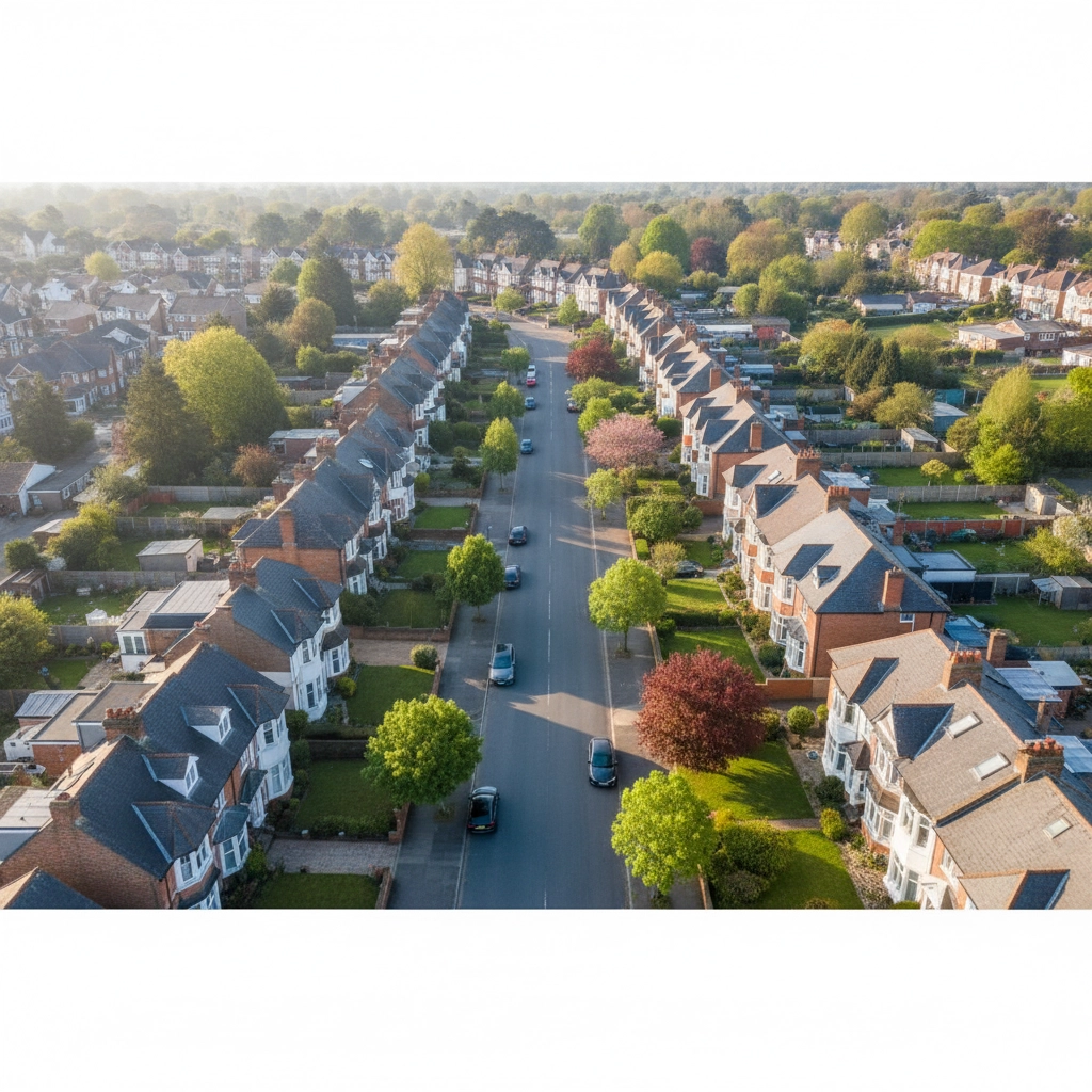 Aerial view of a suburban street with rows of houses, cars driving, and colorful trees lining the road. Bright, peaceful atmosphere.