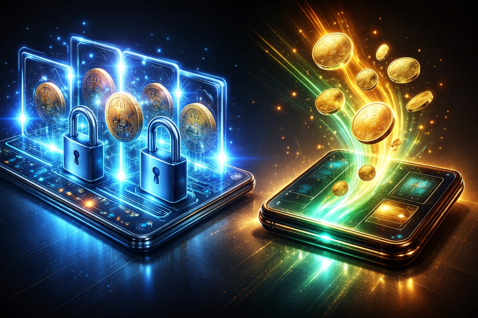 Visual comparison of custodial vs self-custody crypto payment systems showing secure freedom with Larecoin.