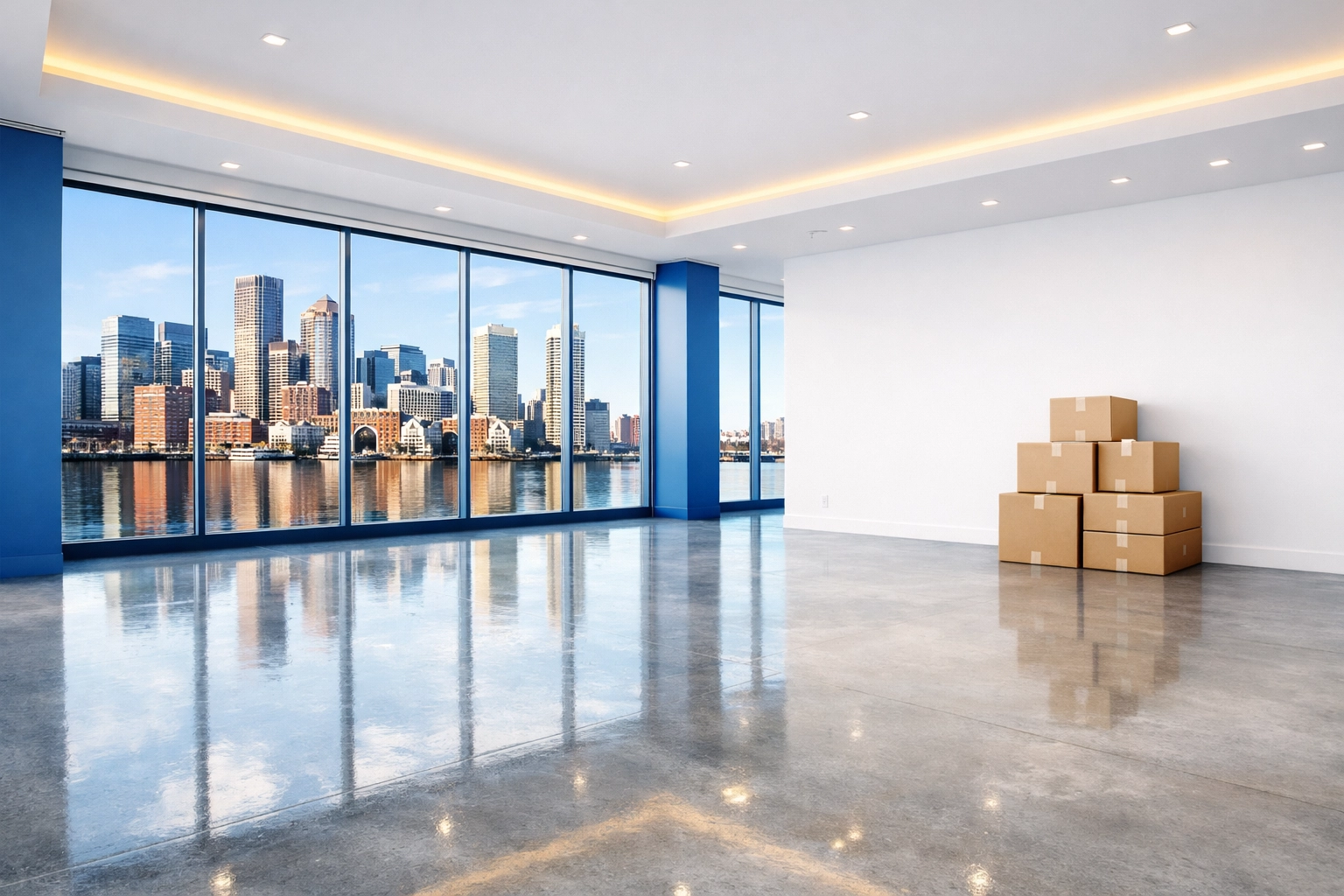 Empty and clean Boston Seaport loft with polished floors highlighting a successful apartment move-out.