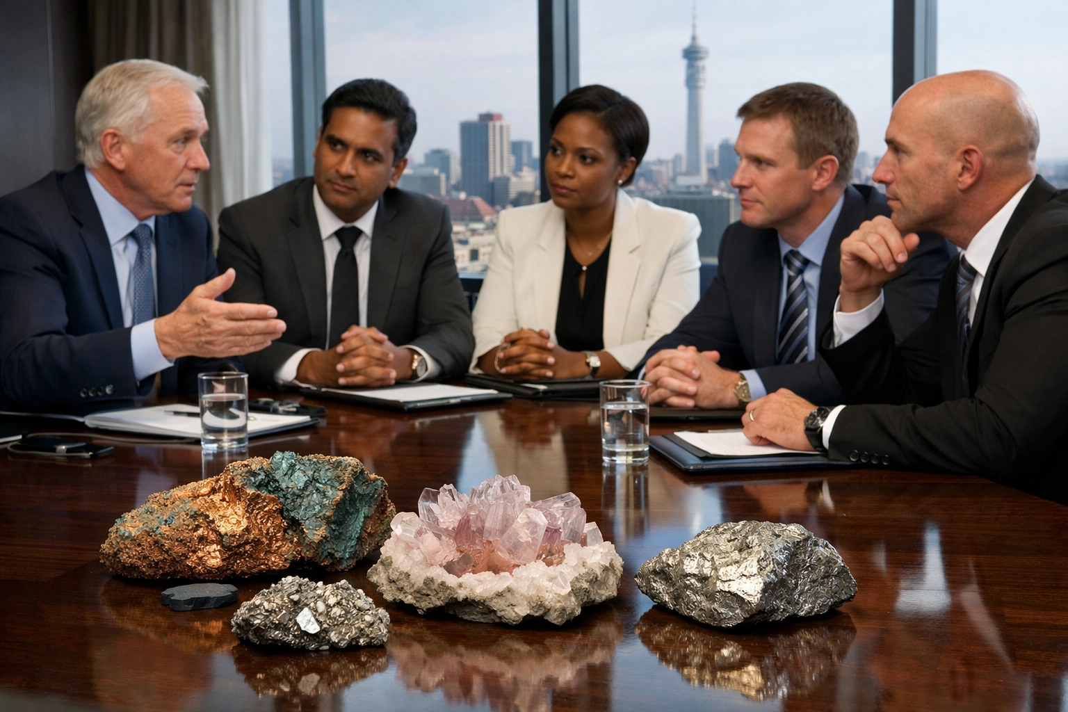 Mining executives discussing mineral specimens at mining events 2026 South Africa business meeting
