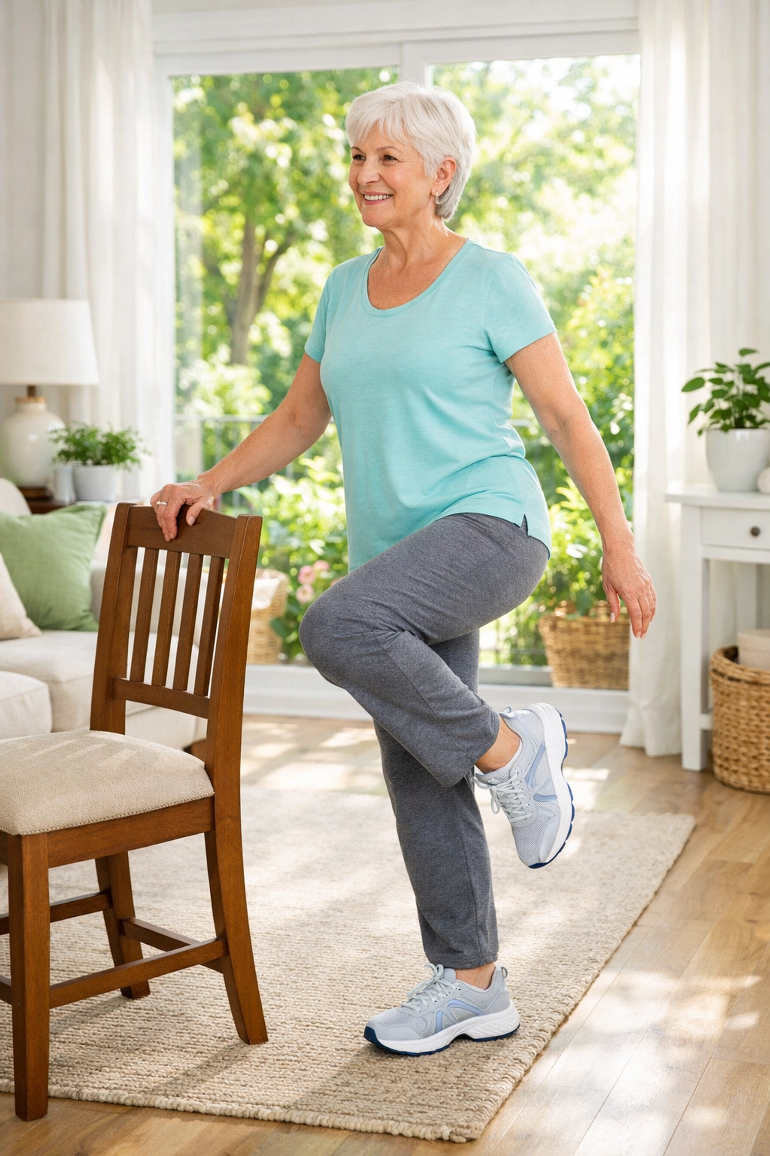 An older adult performing balance exercises at home to improve stability and prevent falls.