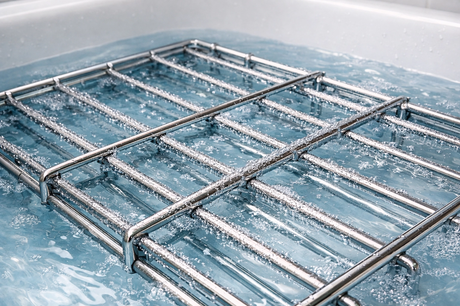 Stainless steel oven racks soaking in a bathtub with grease-cutting cleaning solution.