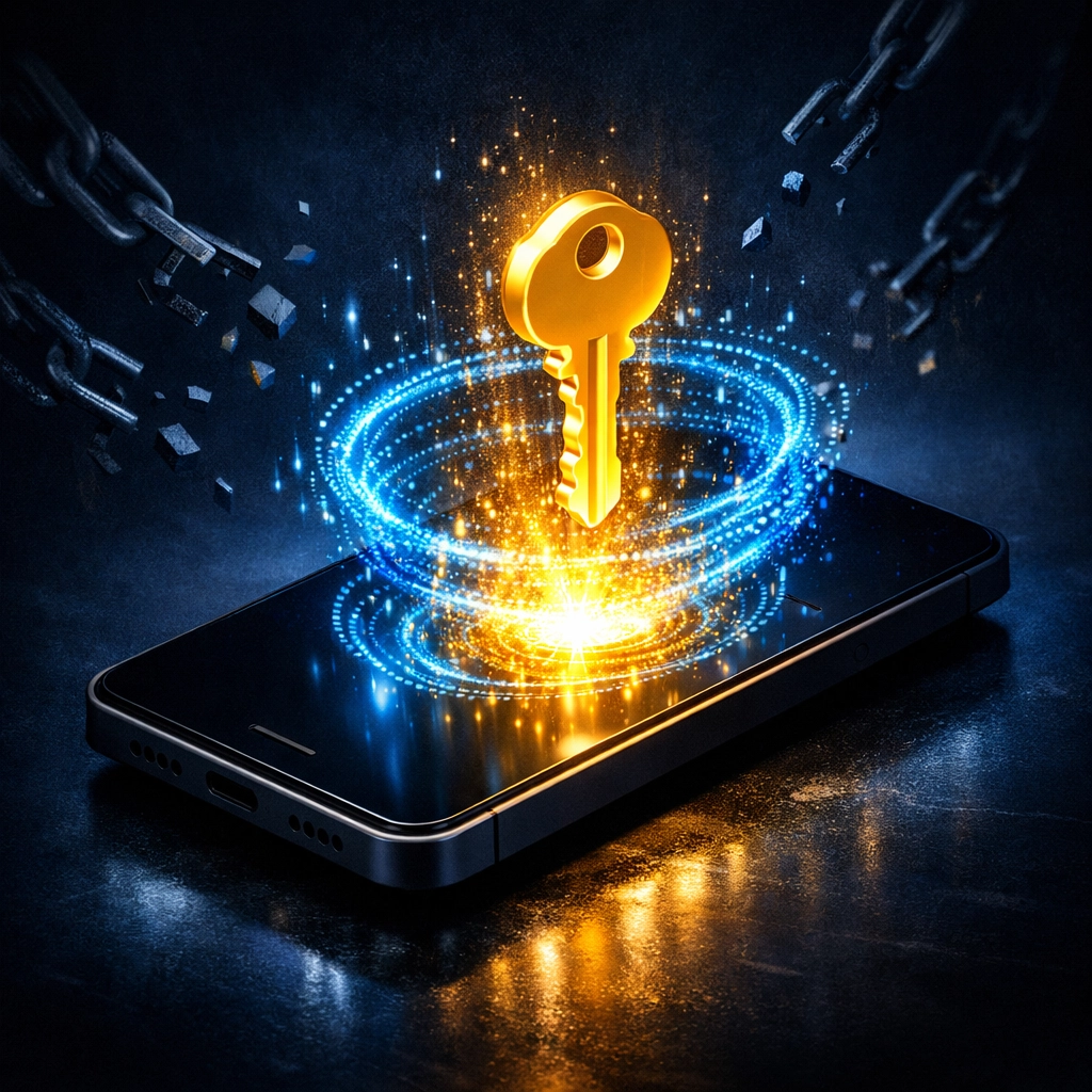 Digital golden key emerging from a smartphone representing secure self-custody merchant accounts for crypto.
