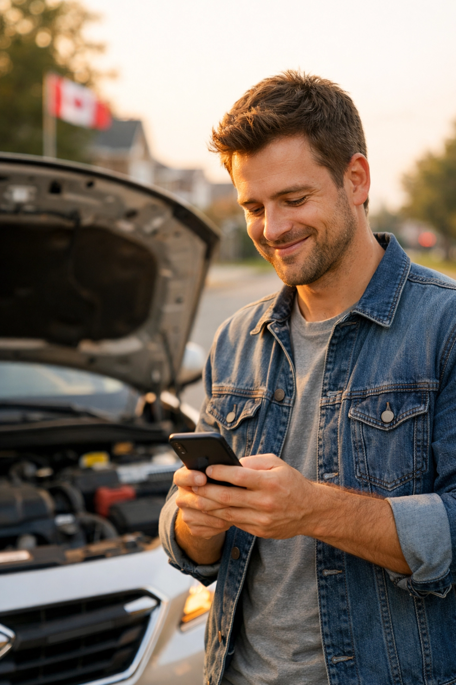 Un homme soulagé utilise son téléphone pour un prêt sans enquête de crédit suite à une panne auto.